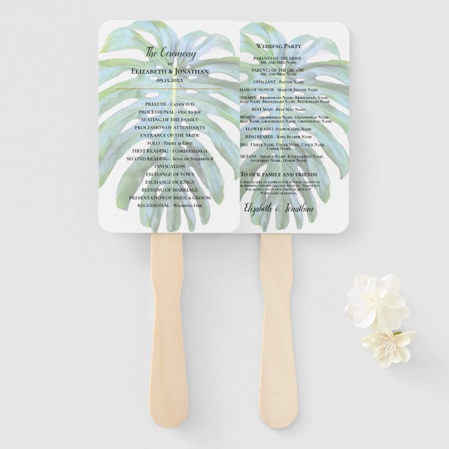 Tropical Monstera Leaf Greenery Beach Wedding Hand Fan (Front and Back)