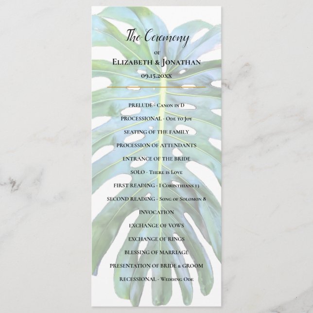 Tropical Monstera Leaf Greenery Beach Wedding Program (Front)
