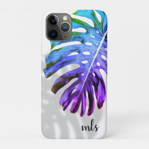 Tropical Monstera Leaf Monogram w Shadow Purple Ca iPhone 11 Pro Case