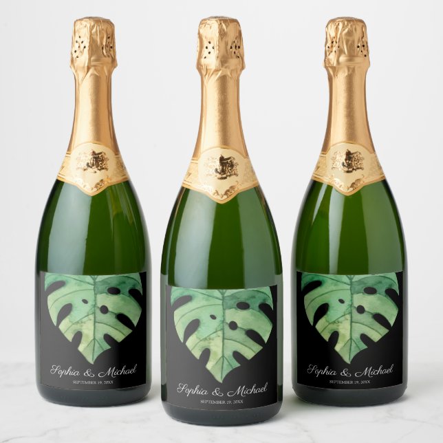 Tropical Monstera Leaf on Black Wedding Sparkling Wine Label (Bottles)