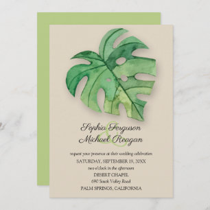 Tropical Monstera Leaf on Tan Wedding Invites
