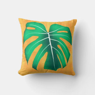 Tropical Monstera Leaf on Yellow Throw Pillow