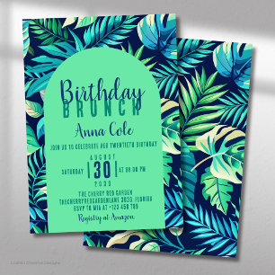 Tropical Monstera Leaf Pastel Green and Blue Invitation