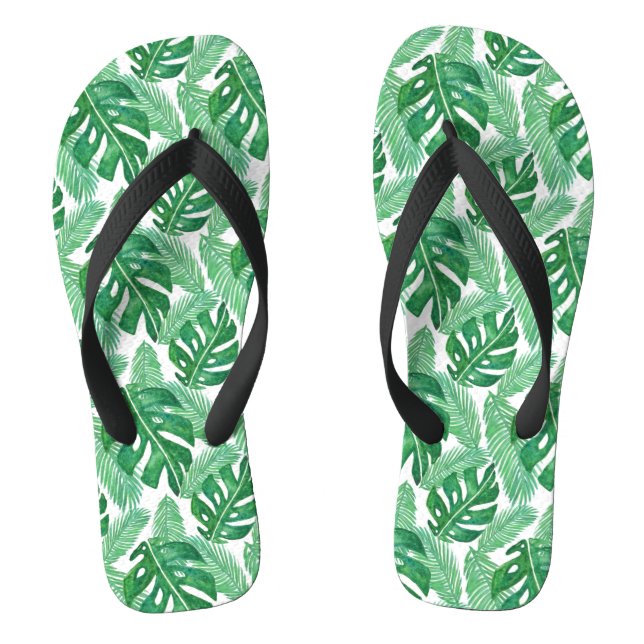 Tropical Monstera Leaf Pattern Green and White Flip Flops (Footbed)