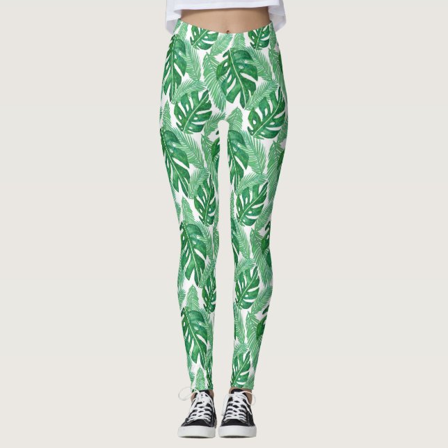 Tropical Monstera Leaf Pattern Green and White Leggings (Front)