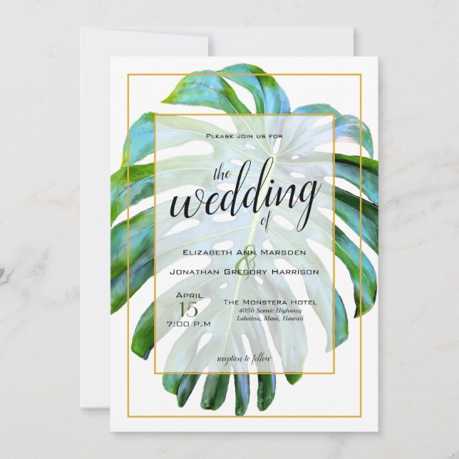 Tropical Monstera Leaf Photograph Gold Wedding Invitation (Front)