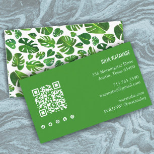Tropical Monstera Leaf QR Code Social Media Chic Business Card