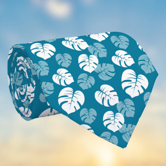 Tropical Monstera Leaf Teal Turquoise White Floral Tie