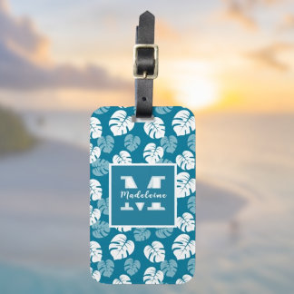 Tropical Monstera Leaf Teal White Floral Monogram Luggage Tag