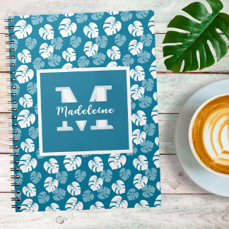 Tropical Monstera Leaf Teal White Floral Monogram Notebook