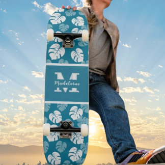 Tropical Monstera Leaf Teal White Floral Monogram Skateboard