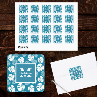 Tropical Monstera Leaf Teal White Floral Monogram Square Sticker