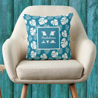 Tropical Monstera Leaf Teal White Floral Monogram Throw Pillow