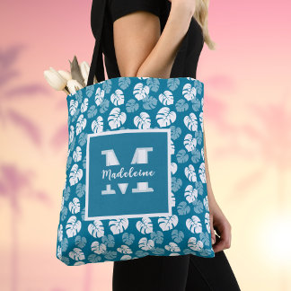Tropical Monstera Leaf Teal White Floral Monogram Tote Bag