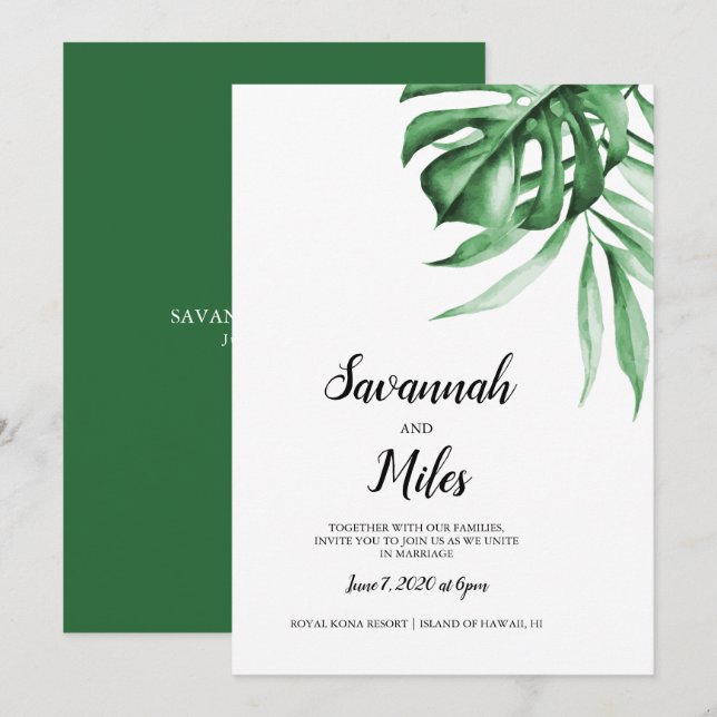 Tropical monstera leaf wedding invitation (Front/Back)