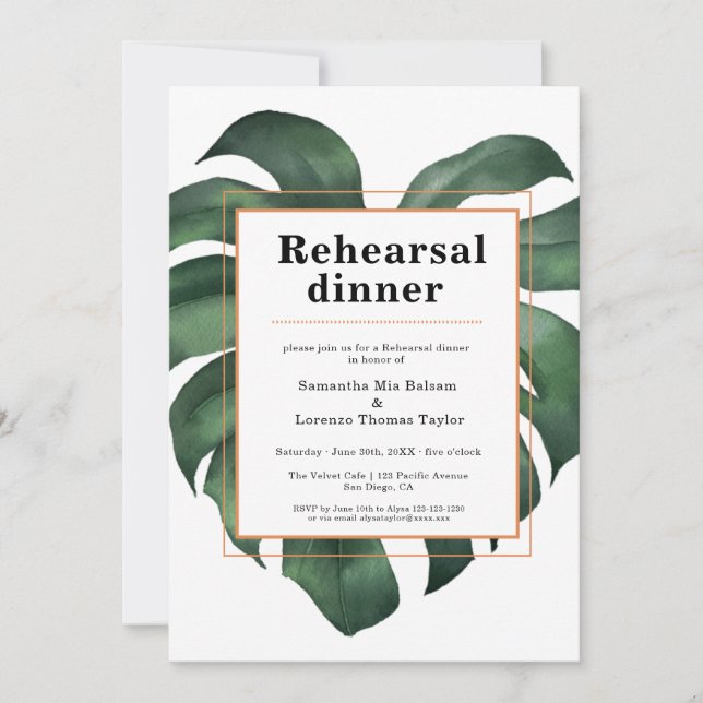 Tropical Monstera Leaf Wedding Rehearsal  Invitation (Front)