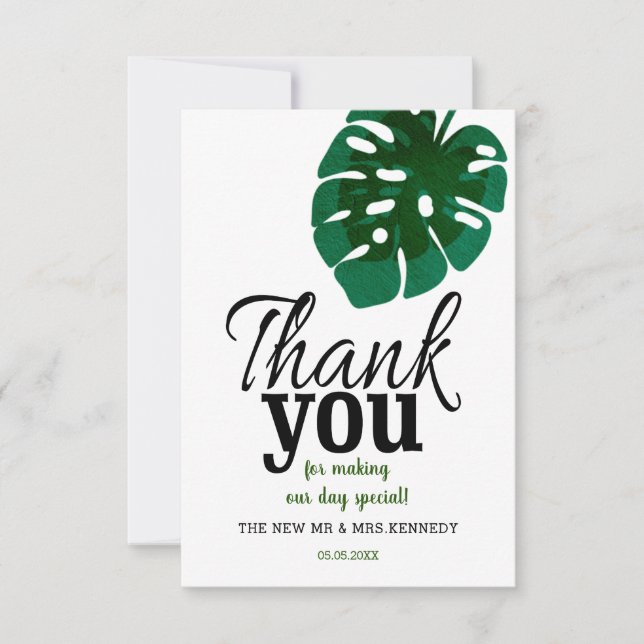 Tropical Monstera Leaf Wedding Thank You Card (Front)