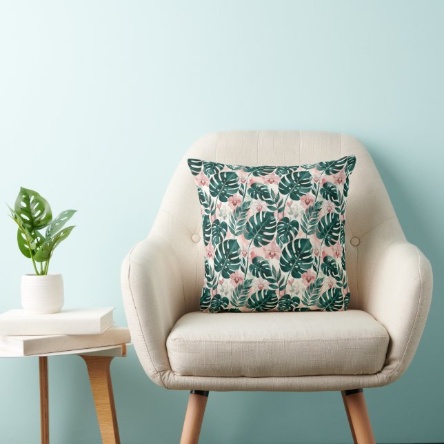 Tropical Monstera Leaves and Delicate Orchids Throw Pillow (Chair)