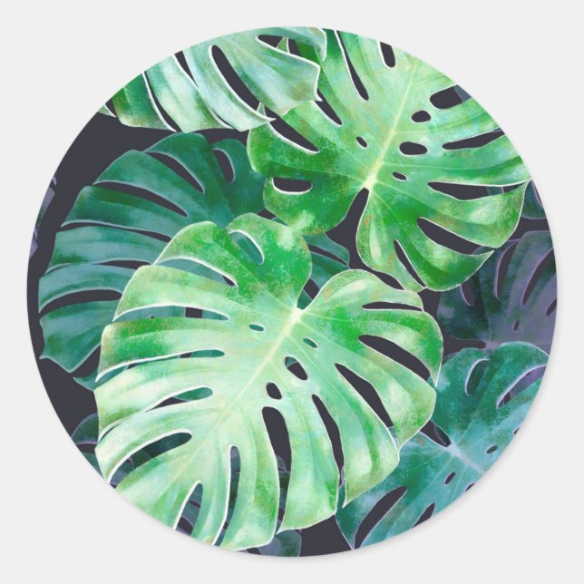 Tropical Monstera Leaves Classic Round Sticker (Front)