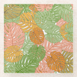 Tropical monstera leaves, colourful seamless patte glass coaster