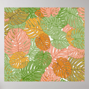 Tropical monstera leaves, colourful seamless patte poster