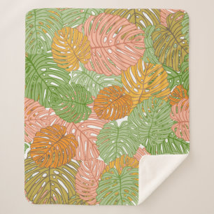 Tropical monstera leaves, colourful seamless patte sherpa blanket