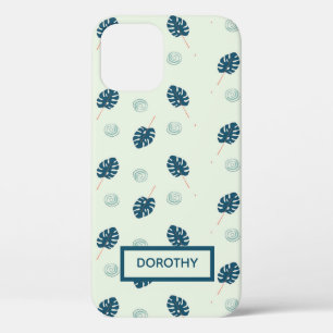Tropical monstera leaves monogram on blue iPhone 12 case