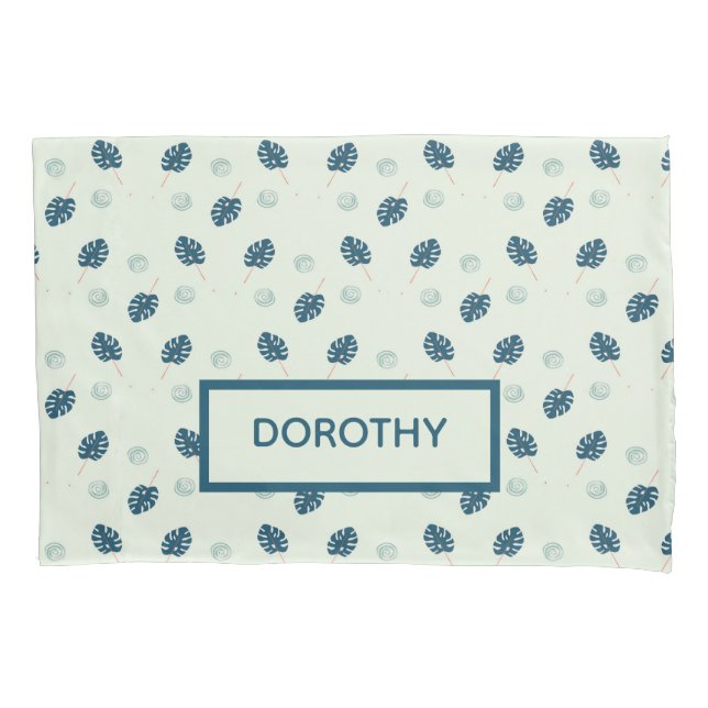 Tropical monstera leaves monogram on blue pillowcase (Front)