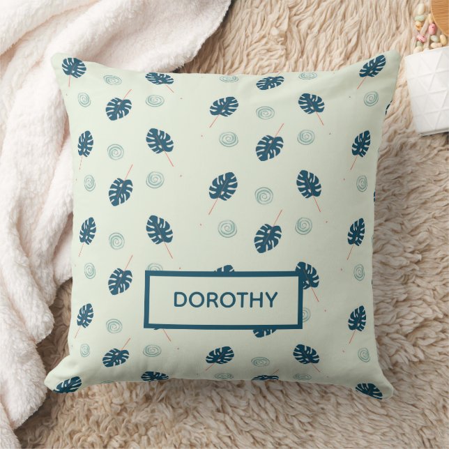 Tropical monstera leaves monogram on blue throw pillow (Blanket)