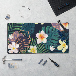 Tropical monstera leaves plumeria flowers desk mat