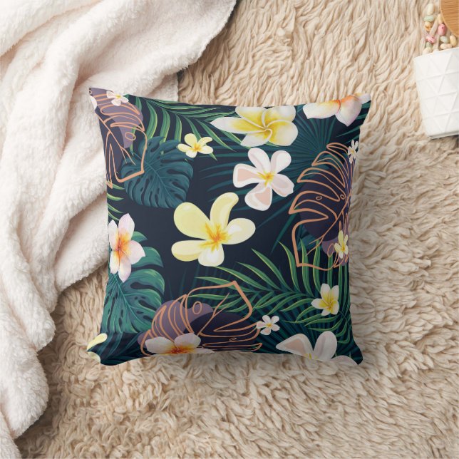 Tropical monstera leaves plumeria flowers throw pillow (Blanket)