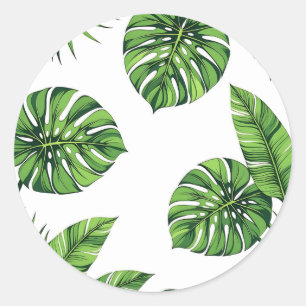 Tropical Monstera Leaves Seamless Pattern Green Classic Round Sticker