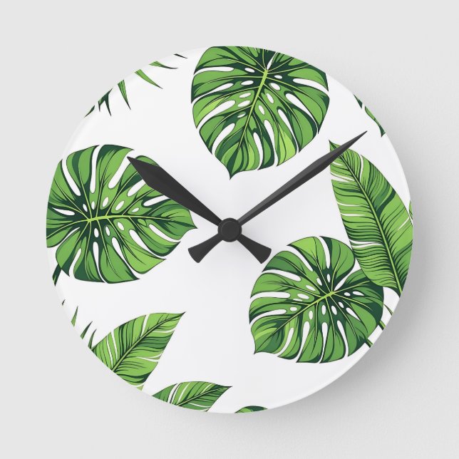 Tropical Monstera Leaves Seamless Pattern Green Round Clock (Front)