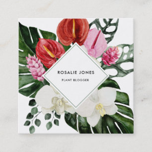 Tropical Monstera Leaves Watercolor Flowers  Square Business Card