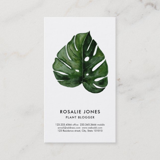 Tropical Monstera Leaves Watercolor Green Business Card (Front)