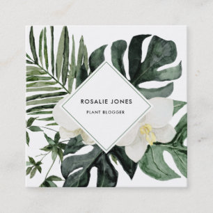 Tropical Monstera Leaves Watercolor Greenery Square Business Card