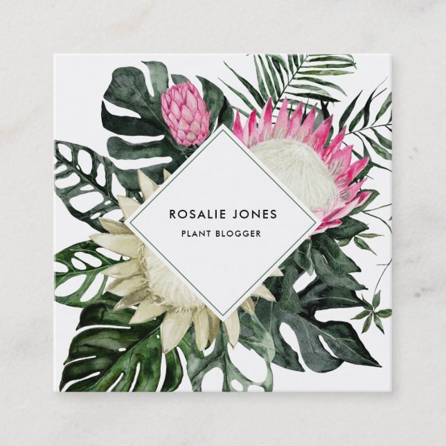 Tropical Monstera Leaves Watercolor Protea Flower Square Business Card (Front)