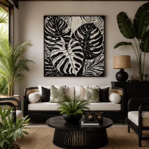 Tropical Monstera Linocut style art Canvas Print