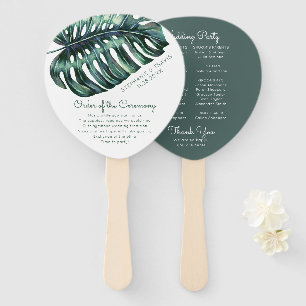 Tropical Monstera Palm Leaf Wedding Program Hand Fan