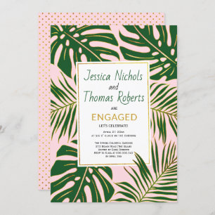 Tropical monstera palm leaves engagement party invitation