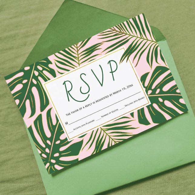 Tropical monstera, palm leaves pink wedding RSVP Card (Creator Uploaded)
