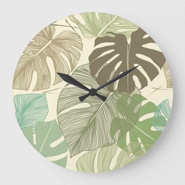 Tropical Monstera Retro Hand-Drawn Pattern Large Clock (Front)