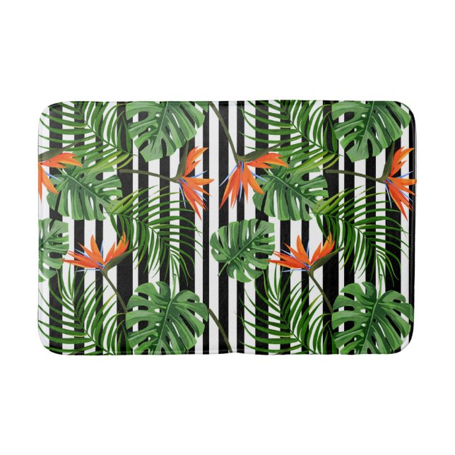 Tropical Monstera Striped Botanical Pattern Bath Mat (Front)