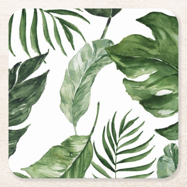 Tropical Monstera summer beach elegant wedding Square Paper Coaster (Front)