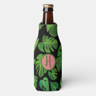 Tropical Monstera Watercolor Green CUSTOM Initials Bottle Cooler