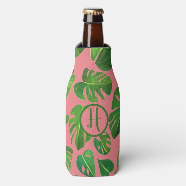 Tropical Monstera Watercolor Green CUSTOM Initials Bottle Cooler (Bottle Front)