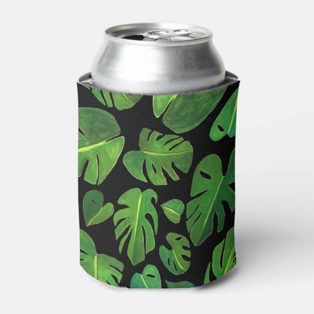 Tropical Monstera Watercolor Painting Green Can Cooler (Can Front)