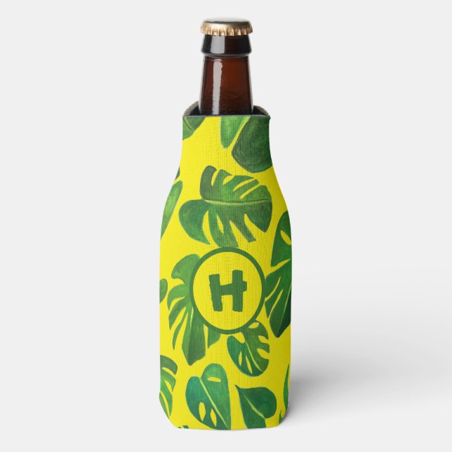 Tropical Monstera Watercolor Painting Green CUSTOM Bottle Cooler (Bottle Front)