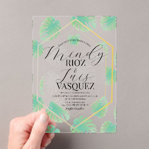 Tropical Monstera Watercolor Wedding Script Black  Acrylic Invitations