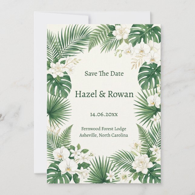Tropical Monstera White Flower Save the Date Invitation (Front)